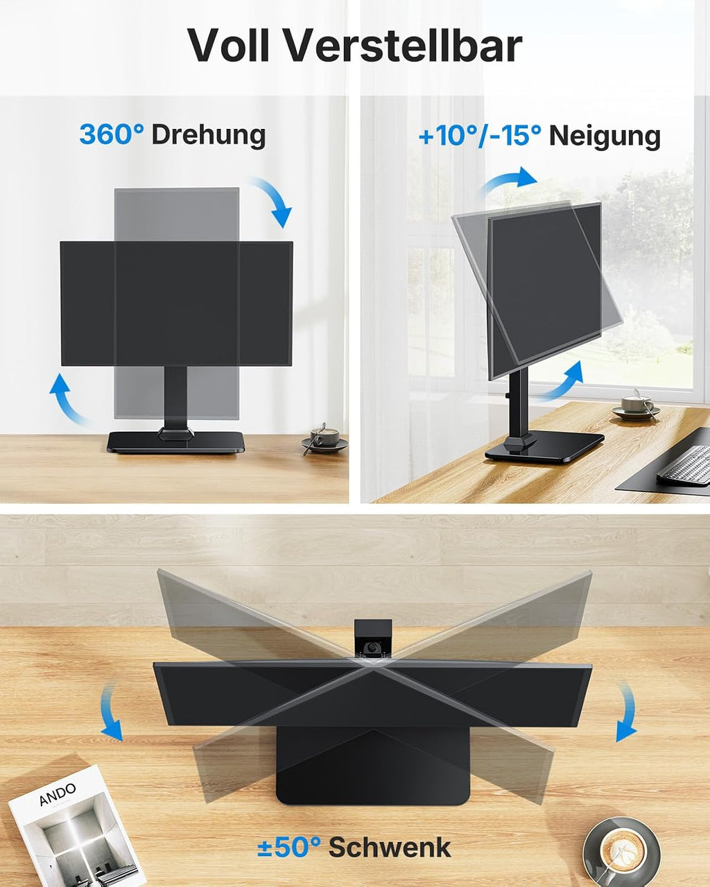 HUANUO Monitor Ständer, Freistehende Monitorständer Höhenverstellbar 13 bis 34 Zoll, bis zu 20kg Kapazität, 5 Höhenoptionen, Drehbarer Bildschirm Ständer 360° Schwenkung, VESA 75x75mm/100x100mm Gaming