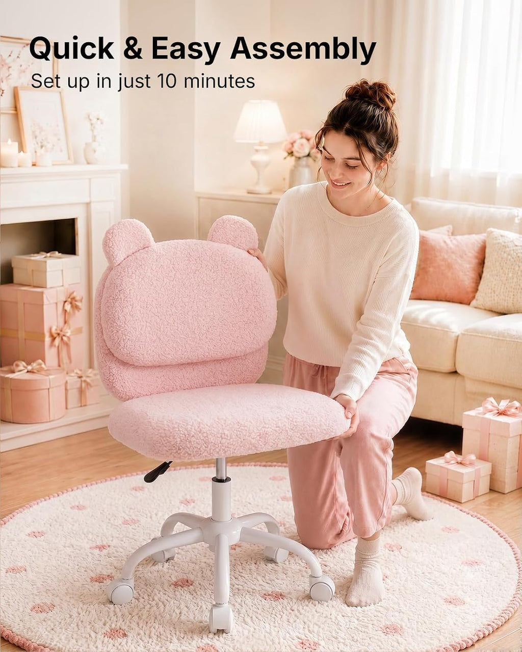 Marsail Teddy Fabric Dressing Chair, Armless Office Chair, Pink