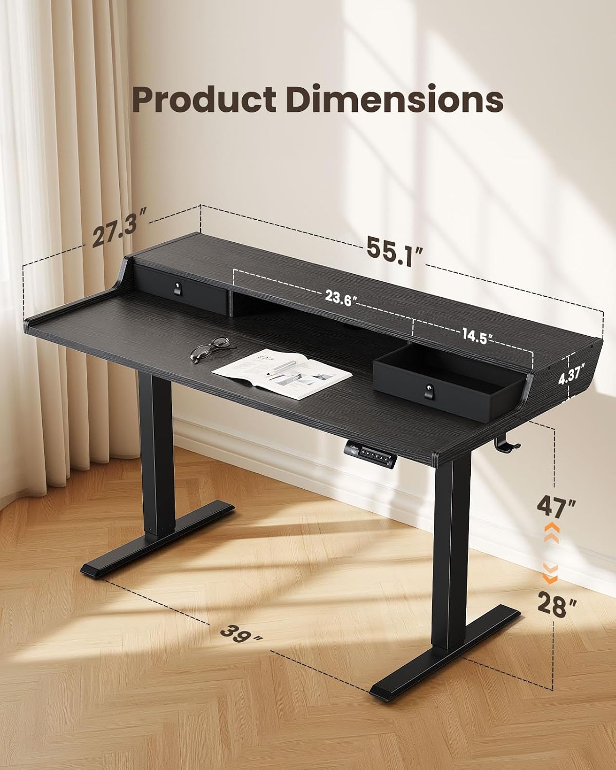 ErGear Electric Standing Desk with Drawers, 55″ x 28″ Gaming Table Compatible Monitor Stand, Stand up Desks, Home Office Height-Adjustable Desk with Storage Shelf, 4 Preset Heights, Black