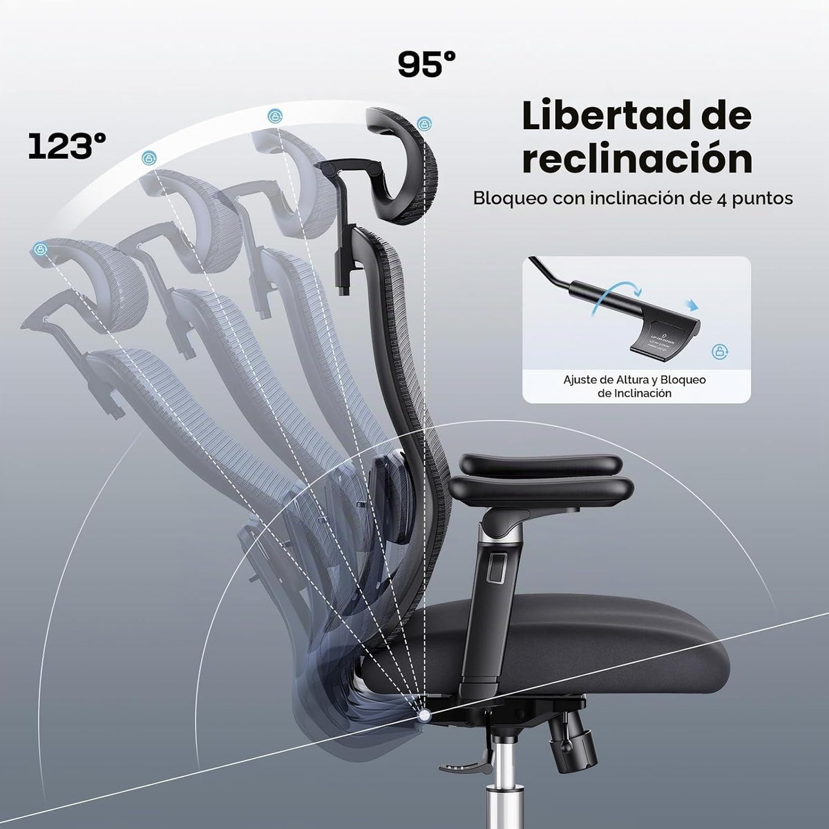 Marsail Ergonomic Desk Chair with 6D Armrests, Adjustable 3D Backrest, Sliding Seat, Lumbar Support and Lock Tilt in 4 Positions – High and Reinforced Chair with Capacity 150 kg, Black