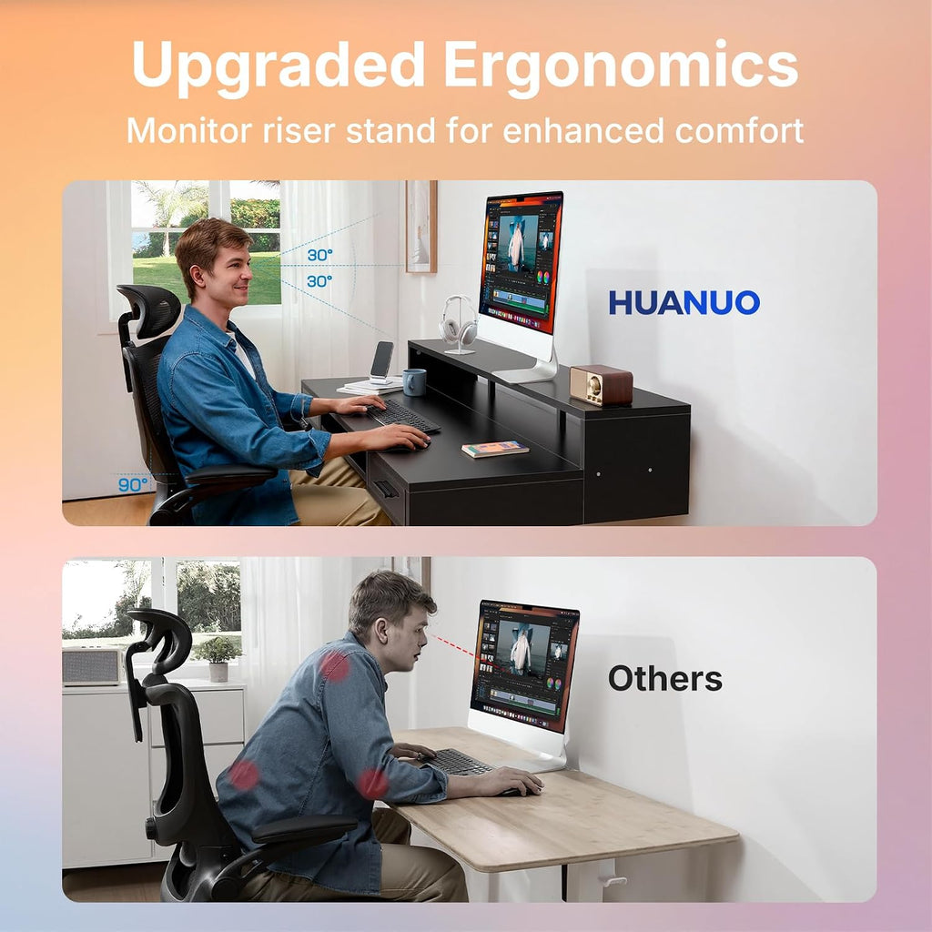 HUANUO 48″ X 26″ Electric Standing Desk with 2 Drawers &24.4″ Large Keyboard Tray, C-Clamp Mount Compatible, Adjustable Computer Desk for Office, Sit Stand Up Desk with 4 Height Presets, Black