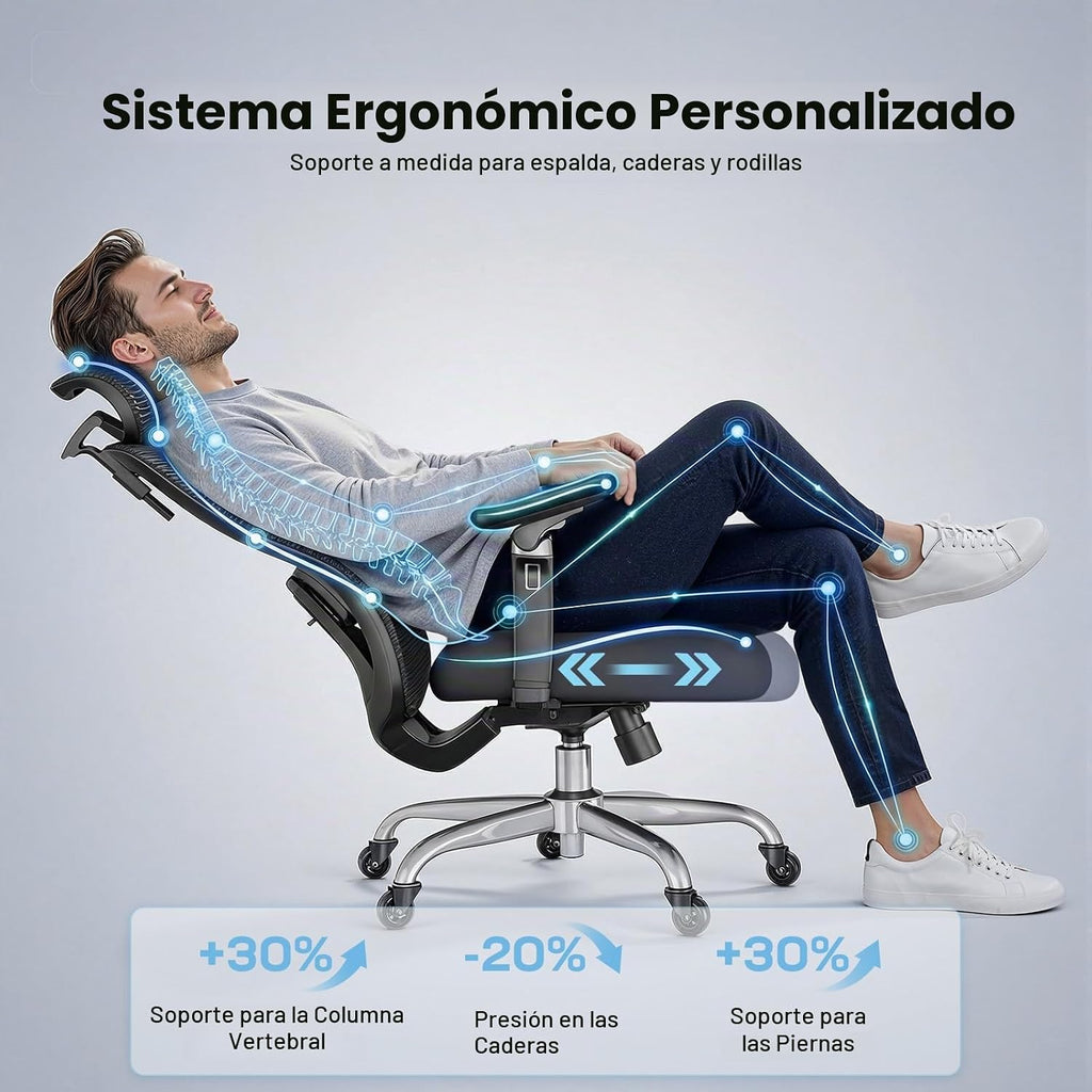 Marsail Ergonomic Desk Chair with 6D Armrests, Adjustable 3D Backrest, Sliding Seat, Lumbar Support and Lock Tilt in 4 Positions – High and Reinforced Chair with Capacity 150 kg, Black
