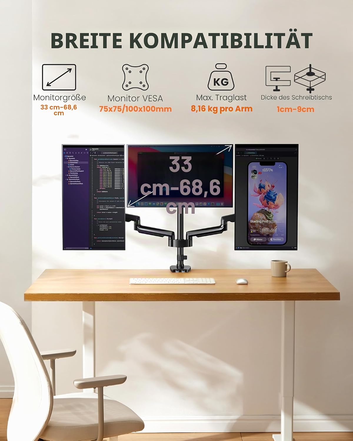 ErGear Monitor Halterung 3 Monitore für 13 bis 27 Zoll Bildschirme, Bildschirmhalterung 3 Monitore mit 2 USB-Anschlüssen; Jeder Monitorarm trägt max. 8kg, Gaming Monitorhaltrung mit VESA 75/100