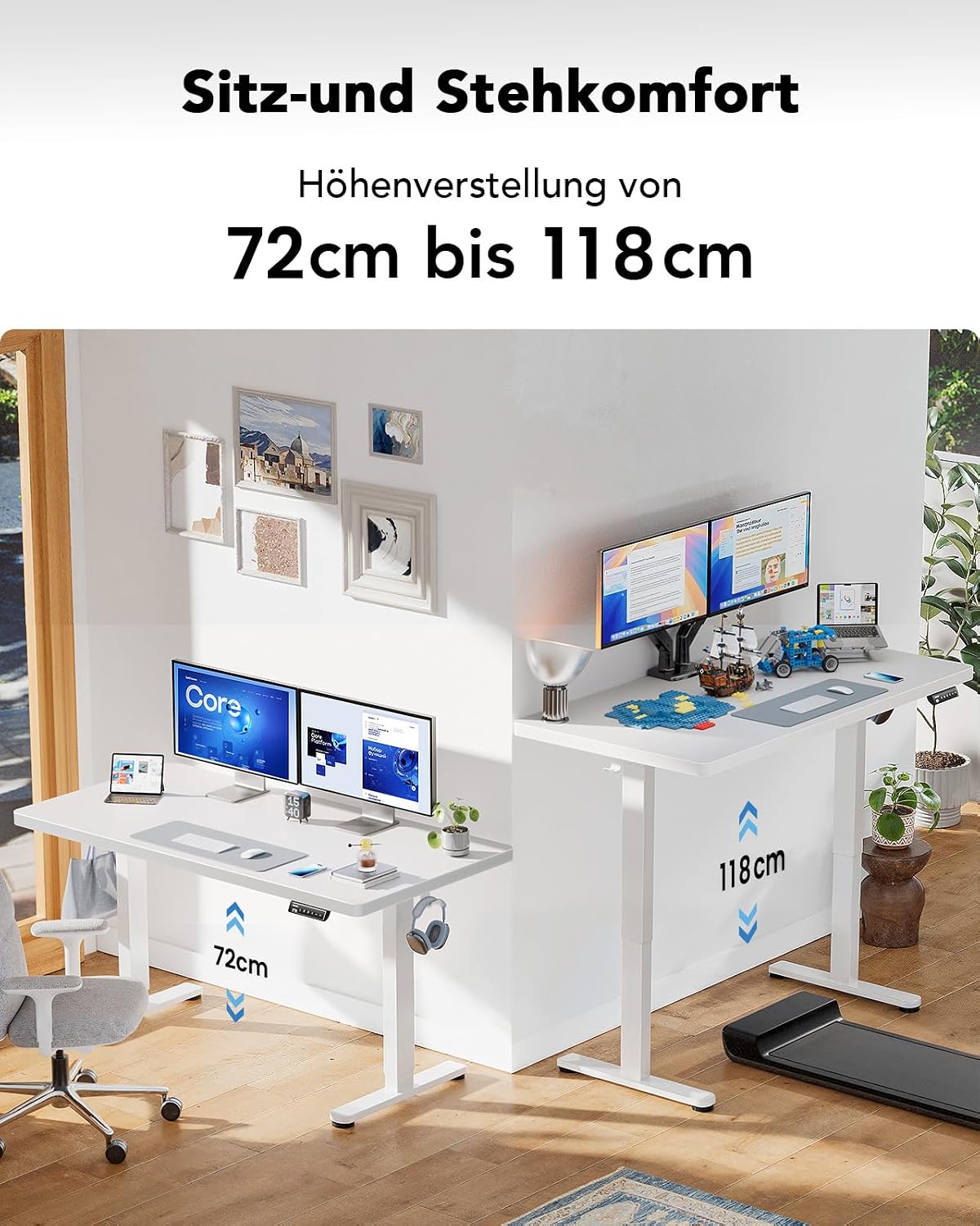 HUANUO Höhenverstellbarer Schreibtisch 140x80cm mit Ganze Tischplatte | Bürstenloser Motor, ergonomisches Stehpult, einfache Montage, für Homeoffice