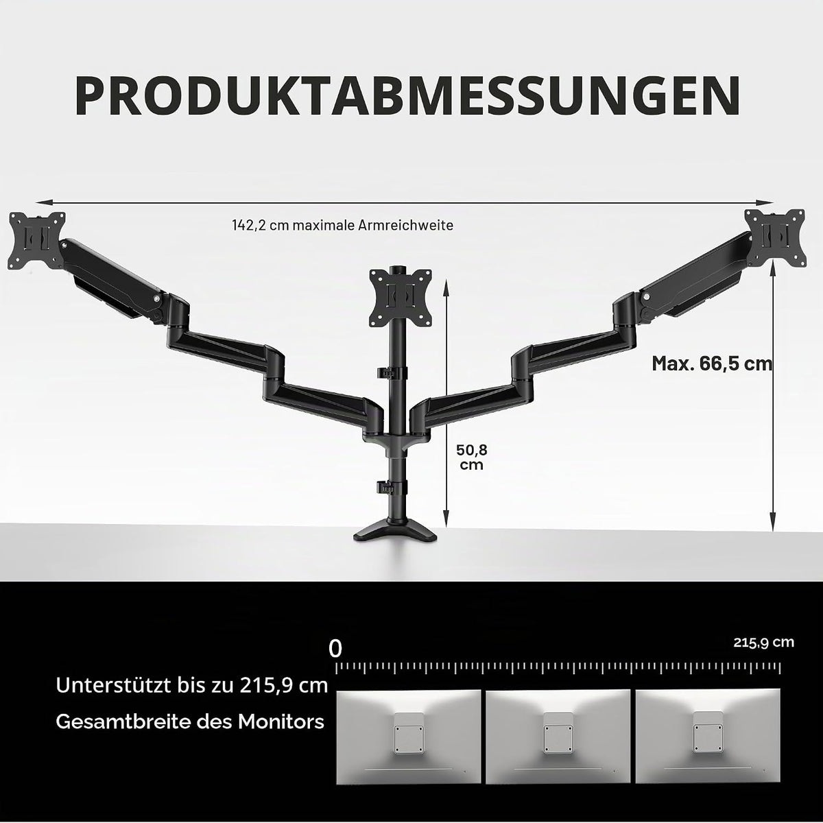 HUANUO Monitor Halterung 3 Monitore für 17-32 Zoll Bildschirme, Bildschirmhalterung 3 Monitore Höhenverstellbar, Monitorarm, Tragen Sie 8 kg pro Arm, Schwarz Gaming