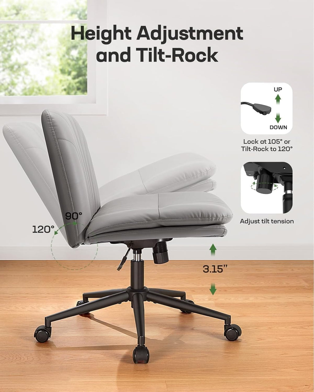 Marsail Criss Cross Office Chair with Wheels, Armless Wide Desk Chair for Active Sitting, PU Leather Cross Legged Chair for Home Office, Pet-Friendly & Easy Clean, Grey