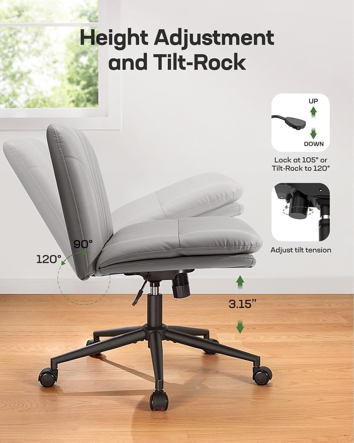 Marsail Criss Cross Office Chair with Wheels, Armless Wide Desk Chair for Active Sitting, PU Leather Cross Legged Chair for Home Office, Pet-Friendly & Easy Clean, Grey