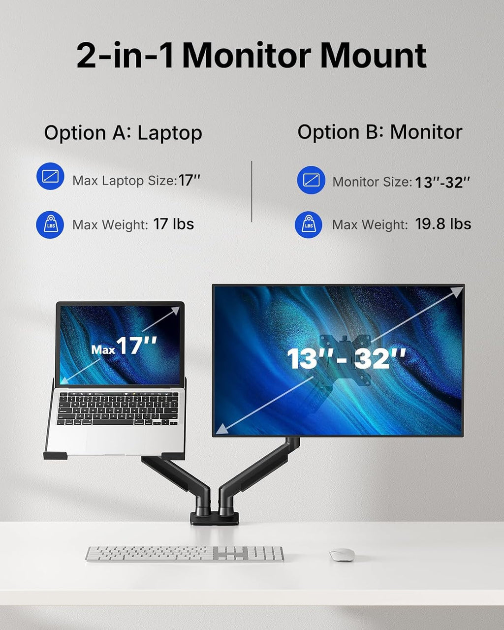 HUANUO Dual Monitor Arm with Laptop Tray, 13-32" Monitor, 17" Laptops