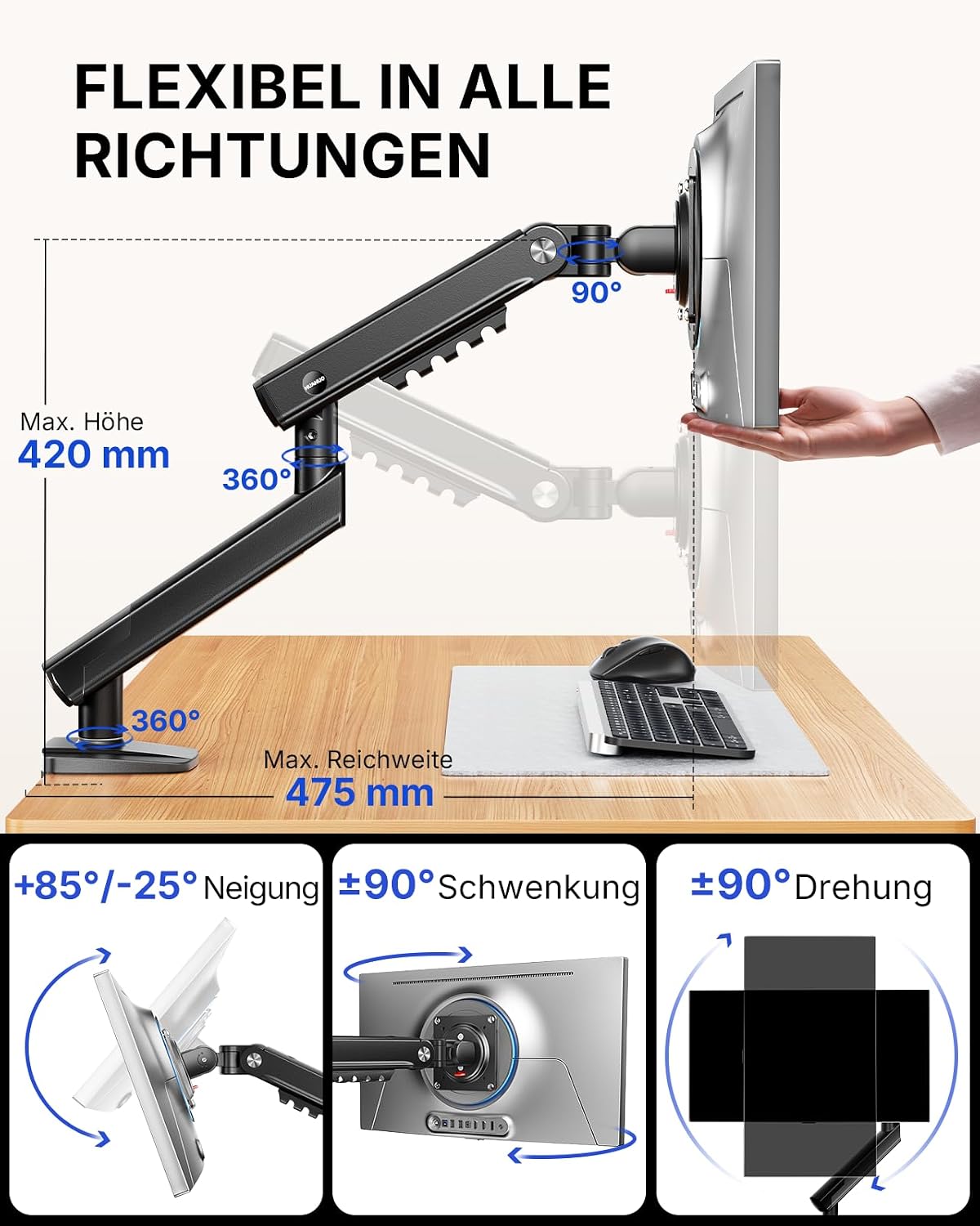 HUANUO Monitor Halterung 13-32 Zoll bis 9 kg, FlowLift Pro höhenverstellbar
