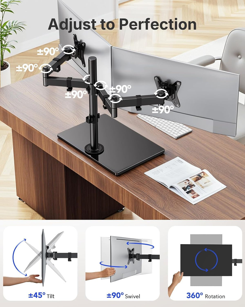 HUANUO Free Standing Dual Monitor Stand for 13-32 Inch Monitors, Glass Base