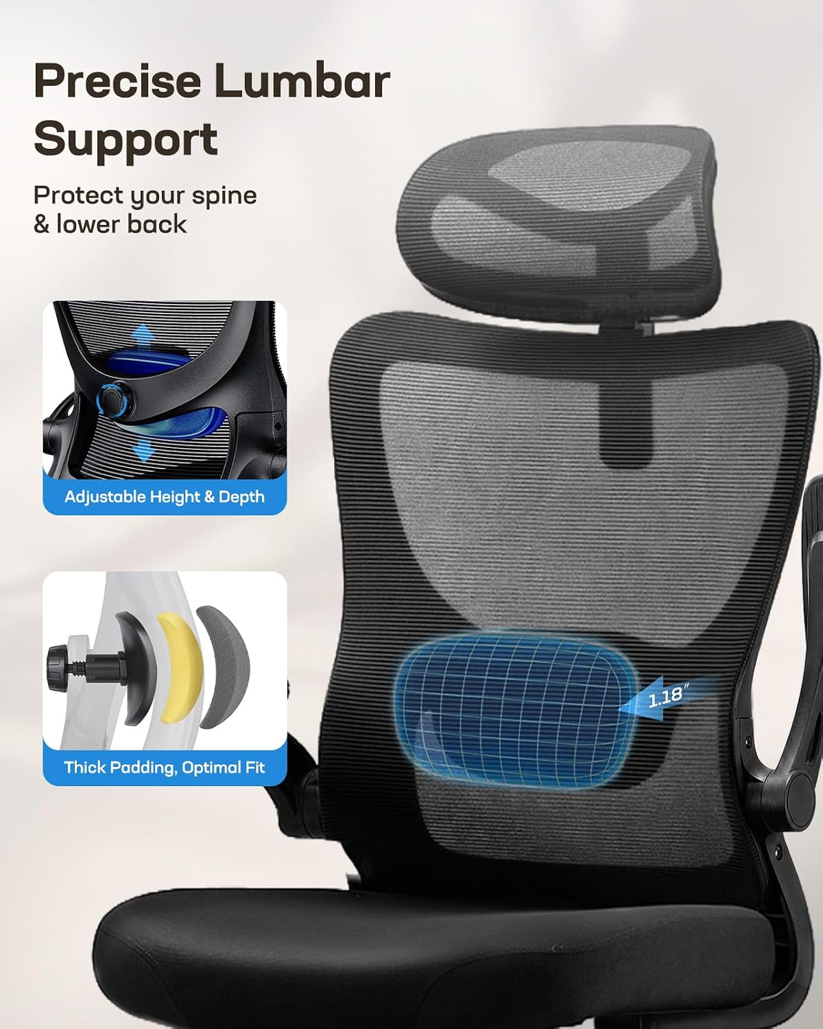 HUANUO Ergonomic Office Chair with 3D Armrests and Lumbar Support