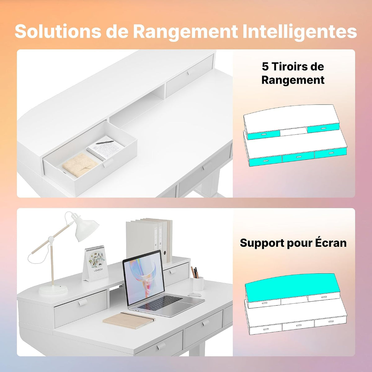 HUANUO Standing Sitting Desk Drawers 120 x 60 cm Adjustable Height | Compatible with C-clamp holder, 4 adjustable height adjustments