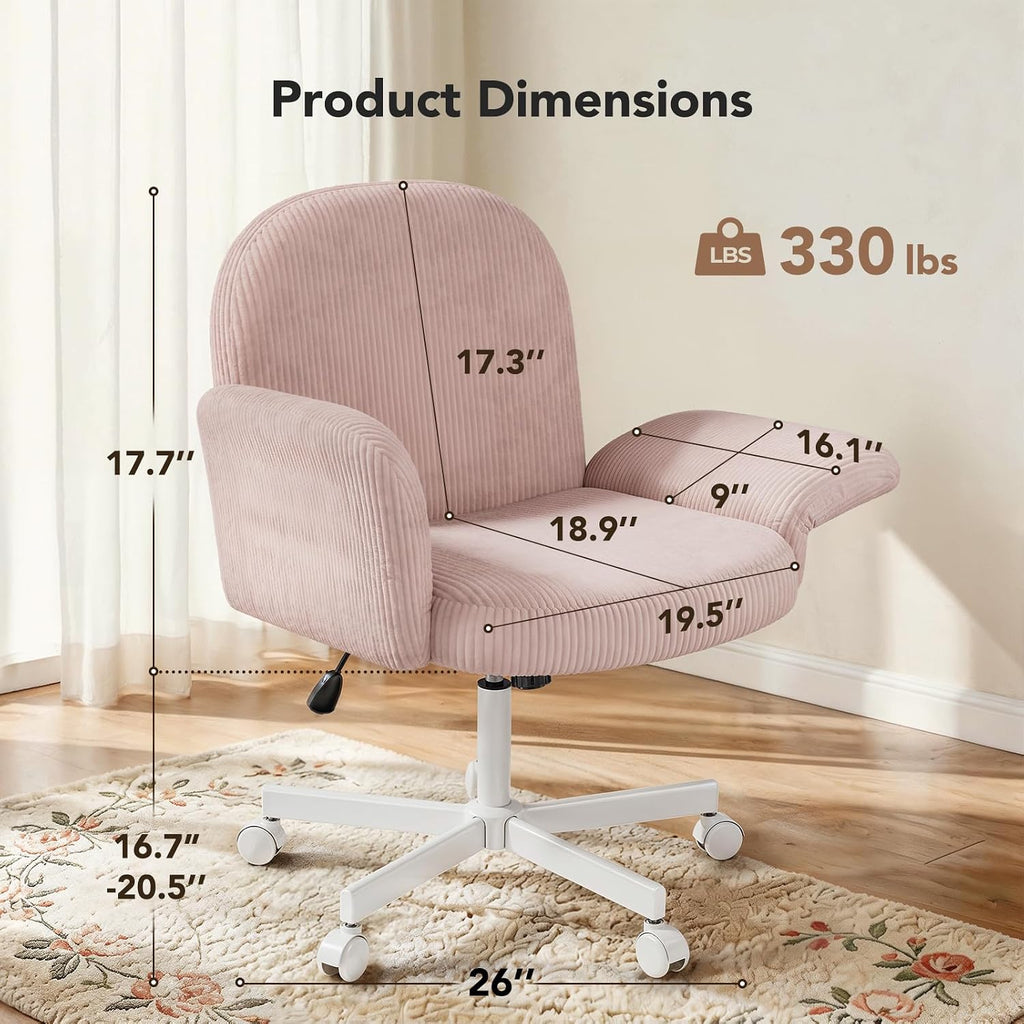 HUANUO Criss Cross Office Chair for Girls, Cross Legged Desk Chair with Adjustable Armrests, Soft Corduroy Fabric for Small Spaces, Home Office Computer Chair for Petite Women, Pink