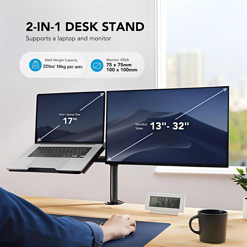HUANUO Monitor Arm with Laptop Tray for 13 to 32 Inch Screen & 17 Inch Notebook, Monitor and Laptop Stand, Monitor Arm Desk Mount Fits VESA 75/100 Gaming
