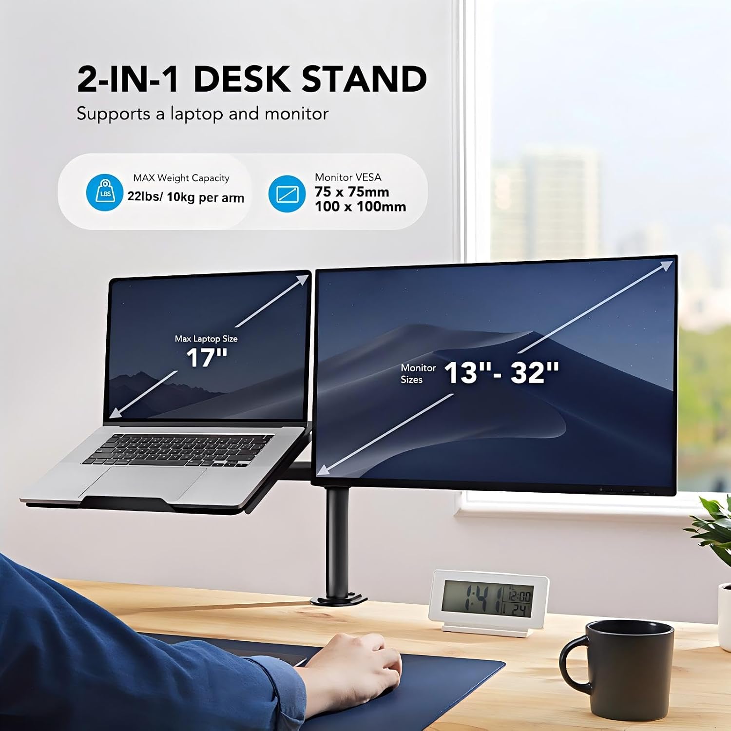 HUANUO Monitor Arm with Laptop Tray for 13 to 32 Inch Screen & 17 Inch Notebook, Monitor and Laptop Stand, Monitor Arm Desk Mount Fits VESA 75/100 Gaming