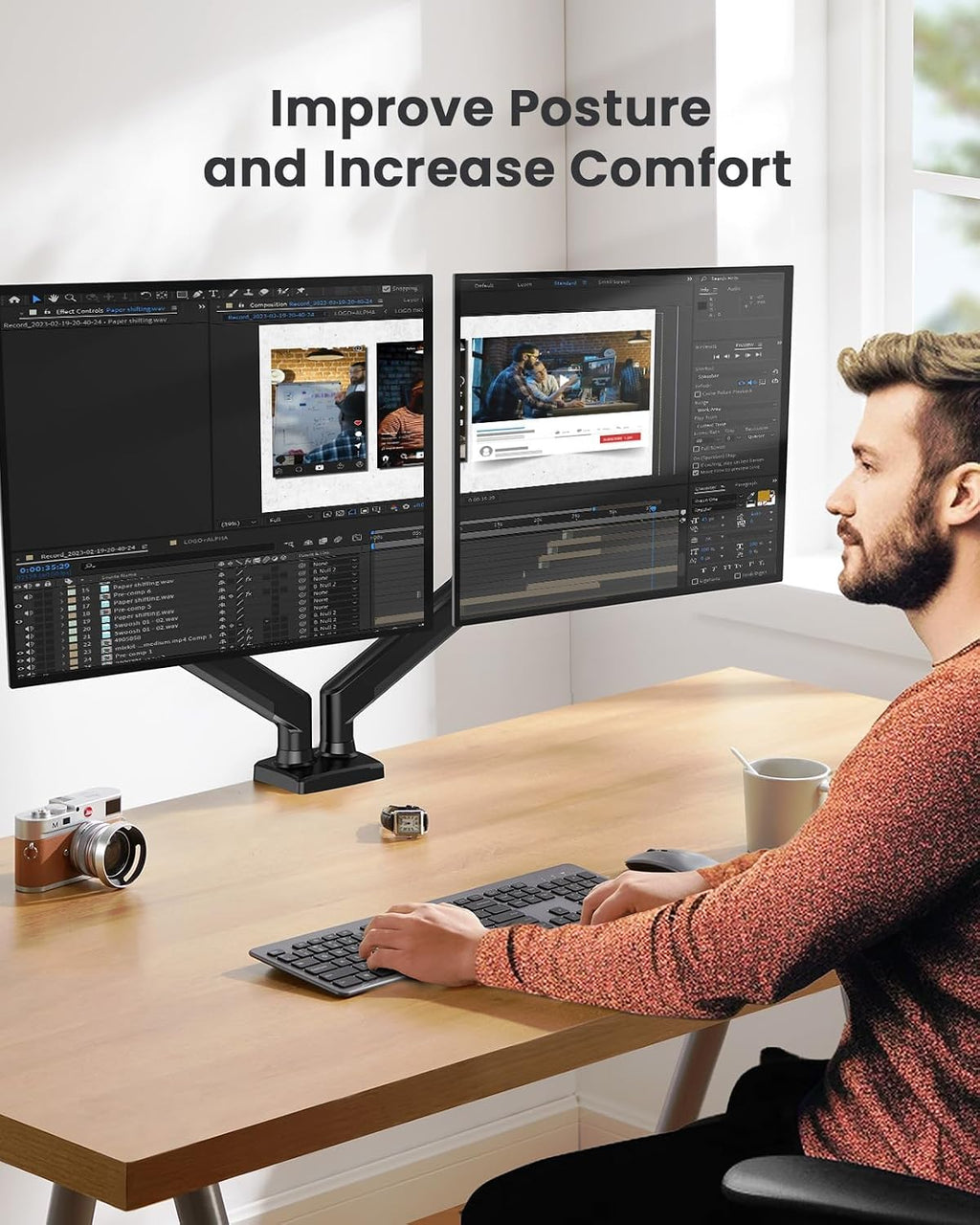 ErGear Dual Monitor Mount, Two Arms for 17"-32" Screens, Max 22 lbs Each, VESA 75/100mm, Adjustable Height, 180° Swivel, Tilt, 360° Rotation, Sturdy Steel for Office Use