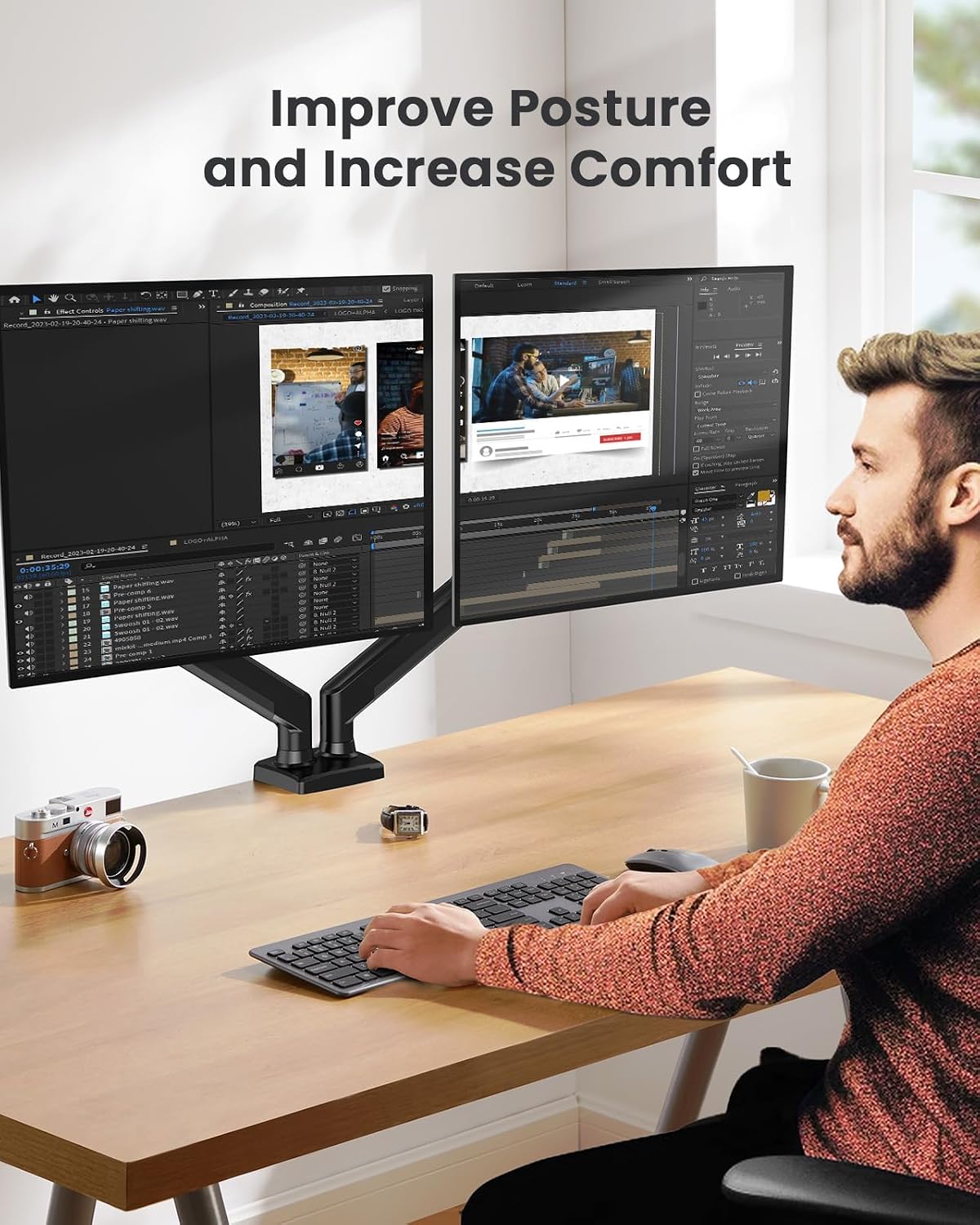 ErGear Dual Monitor Mount, Two Arms for 17"-32" Screens, Max 22 lbs Each, VESA 75/100mm, Adjustable Height, 180° Swivel, Tilt, 360° Rotation, Sturdy Steel for Office Use