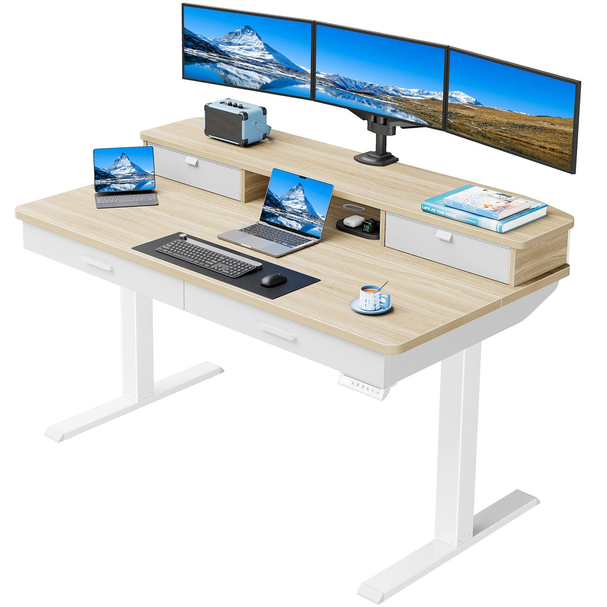 HUANUO 40 x 24 Inch Electric Standing Desk with 4 Drawers, Natural