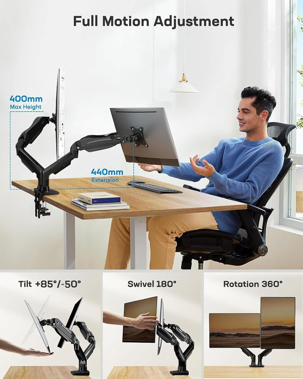 HUANUO Dual Monitor Stand for 13 to 32 Inch Screens, Dual Gaming Monitor Arm Desk Mount for Curved Flat Screens, Double Screen Arm Support VESA 75 & 100 mm