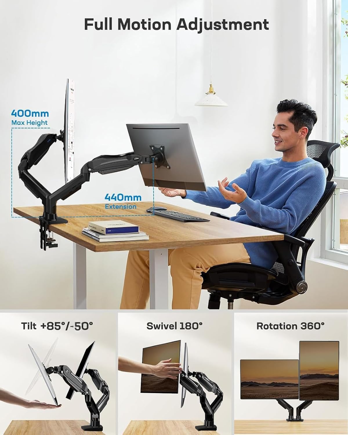 HUANUO Dual Monitor Stand for 13 to 32 Inch Screens, Dual Gaming Monitor Arm Desk Mount for Curved Flat Screens, Double Screen Arm Support VESA 75 & 100 mm