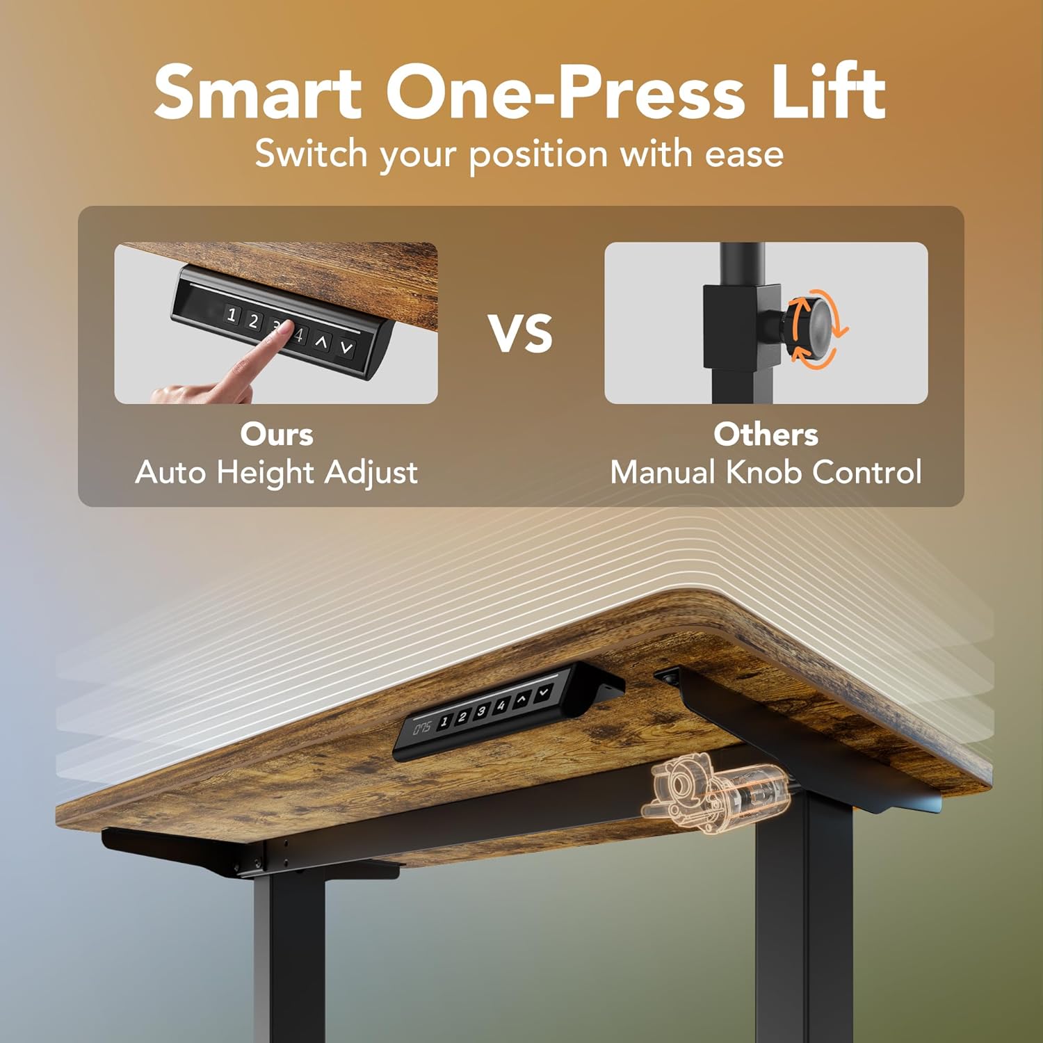 HUANUO 43 x 24 inch Electric Standing Desk Adjustable Height, 4 Memory Height Settings, Sit Stand Up Desk for Home Office & Computer Workstation, Rustic Brown