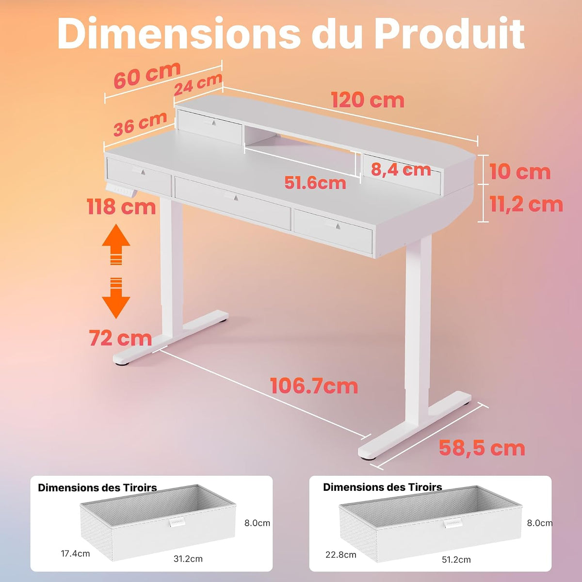 HUANUO Standing Sitting Desk Drawers 120 x 60 cm Adjustable Height | Compatible with C-clamp holder, 4 adjustable height adjustments