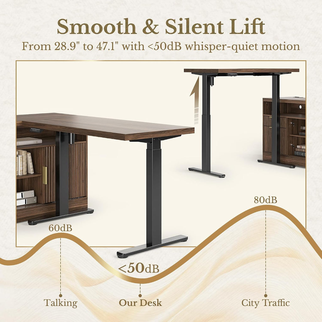 67 Inch L Shaped Executive Standing Desk with Storage Drawers | Electric Adjustable Height Desk with 2 File Cabinet, AC/USB, Fluted Sit Stand Corner Desk, 1.18" Desktop, Black Walnut