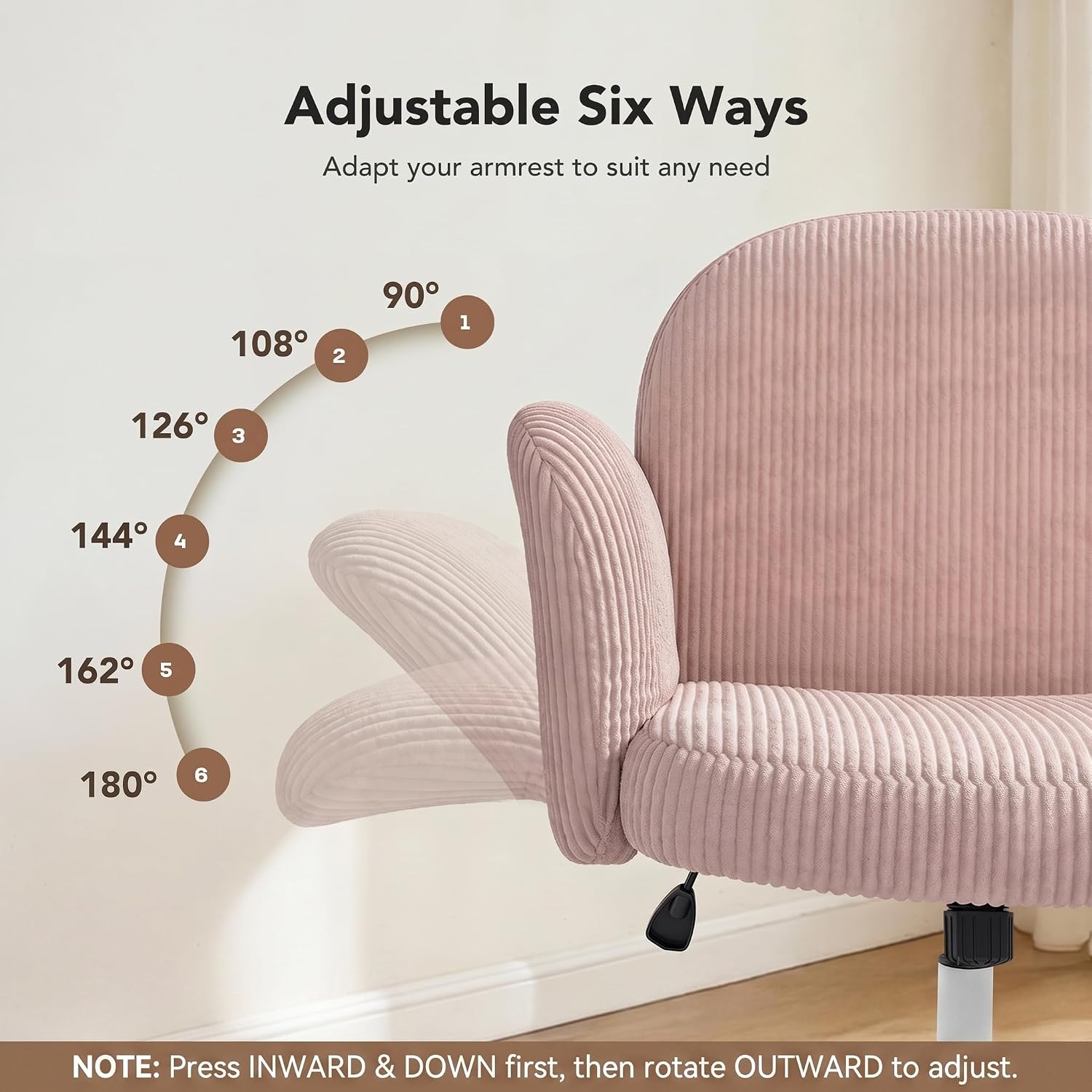HUANUO Criss Cross Office Chair for Girls, Cross Legged Desk Chair with Adjustable Armrests, Soft Corduroy Fabric for Small Spaces, Home Office Computer Chair for Petite Women, Pink