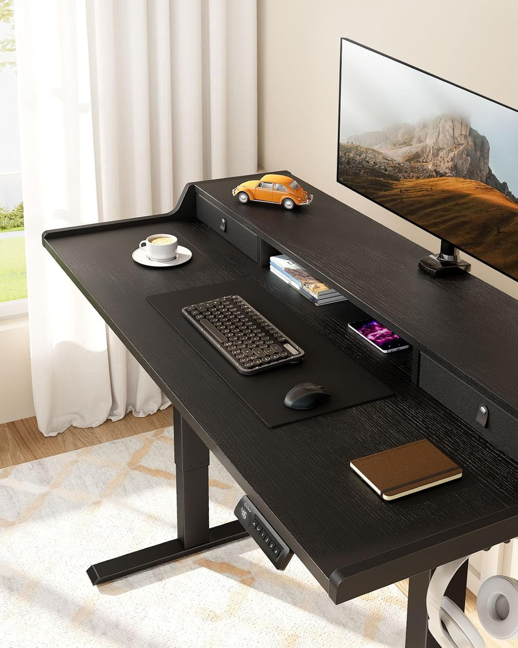 ErGear Electric Standing Desk with Drawers, 55″ x 28″ Gaming Table Compatible Monitor Stand, Stand up Desks, Home Office Height-Adjustable Desk with Storage Shelf, 4 Preset Heights, Black