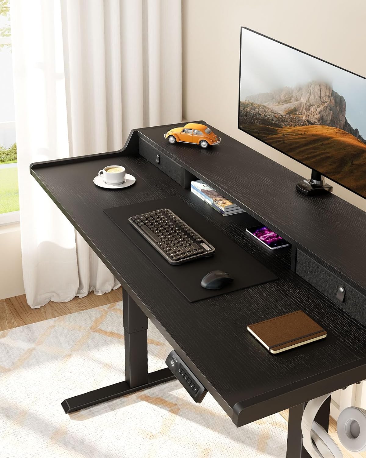 ErGear Electric Standing Desk with Drawers, 55″ x 28″ Gaming Table Compatible Monitor Stand, Stand up Desks, Home Office Height-Adjustable Desk with Storage Shelf, 4 Preset Heights, Black