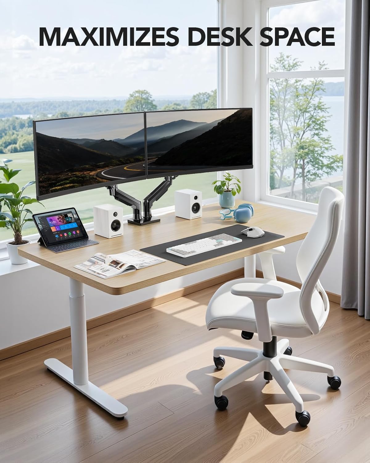 HUANUO Dual Monitor Stand, Fully Adjustable Gaming Monitor Desk Mount for 13–27″ Computer Screens, Full Motion VESA 75x75/100x100 with C-Clamp & Grommet Base, Each Arm Holds 4.4 to 19.8 lbs