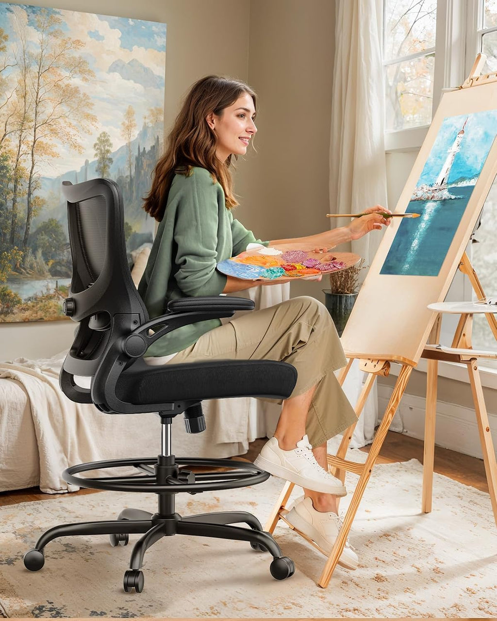 Marsail Drafting Chair, Tall Office Chair with 2D Lumbar Support, Standing Desk Chair,High Office Chair with Padded Flip-Up Armrests & Adjustable Footrest Ring, Dark