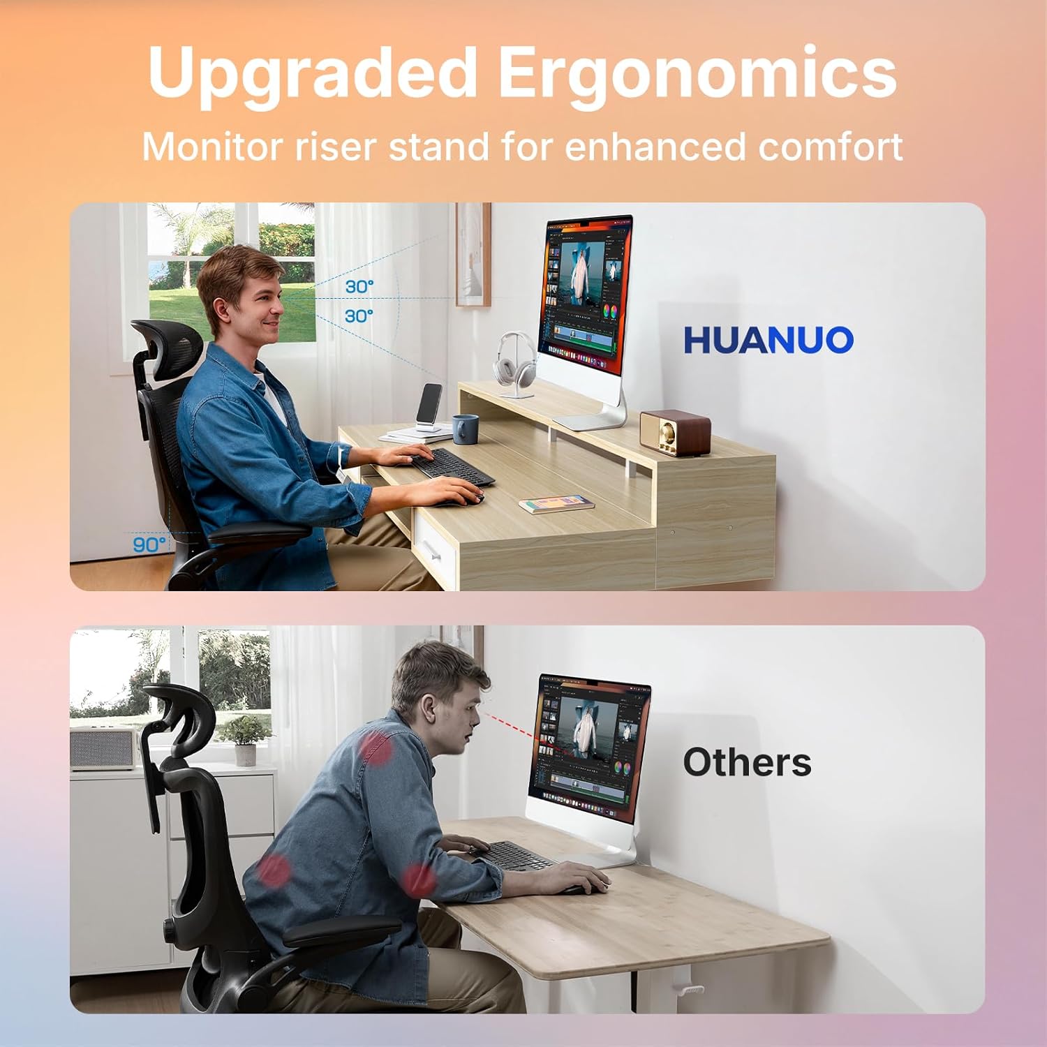 HUANUO 48″ x 26″ Electric Standing Desk with 2 Drawers &24.4″ Large Keyboard Tray, C-Clamp Mount Compatible, Adjustable Computer Desk for Office, Sit Stand Up Desk with 4 Height Presets, Light Walnut