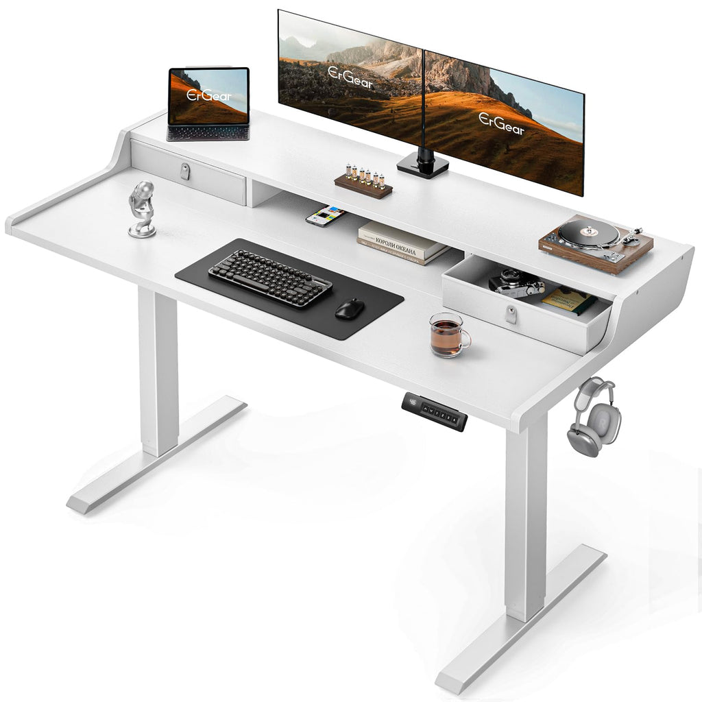 ErGear Electric Standing Desk with Drawers, 63″ x 28″ Gaming Table Compatible Monitor Stand, Stand up Desks, Home Office Height-Adjustable Desk with Storage Shelf, 4 Preset Heights, Black