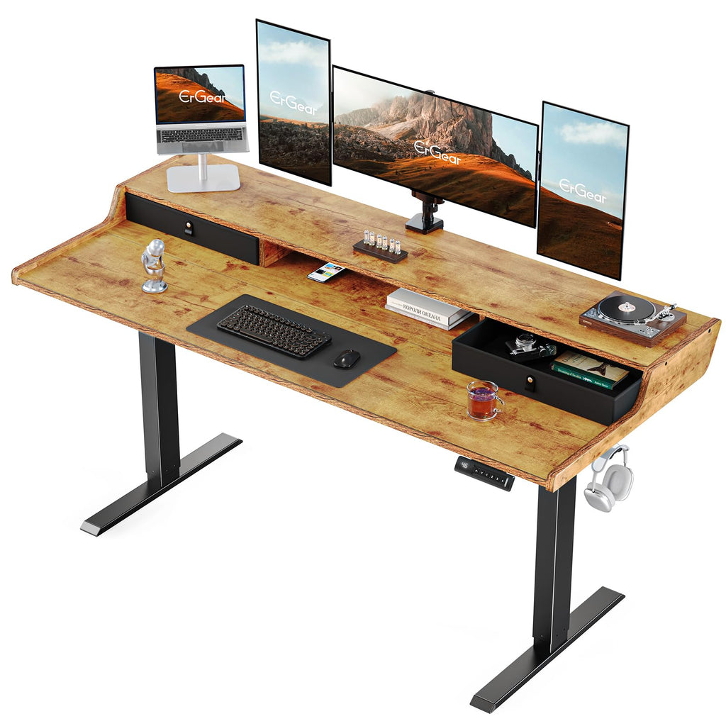 ErGear Electric Standing Desk with Drawers, 63″ x 28″ Gaming Table Compatible Monitor Stand, Stand up Desks, Home Office Height-Adjustable Desk with Storage Shelf, 4 Preset Heights, Black