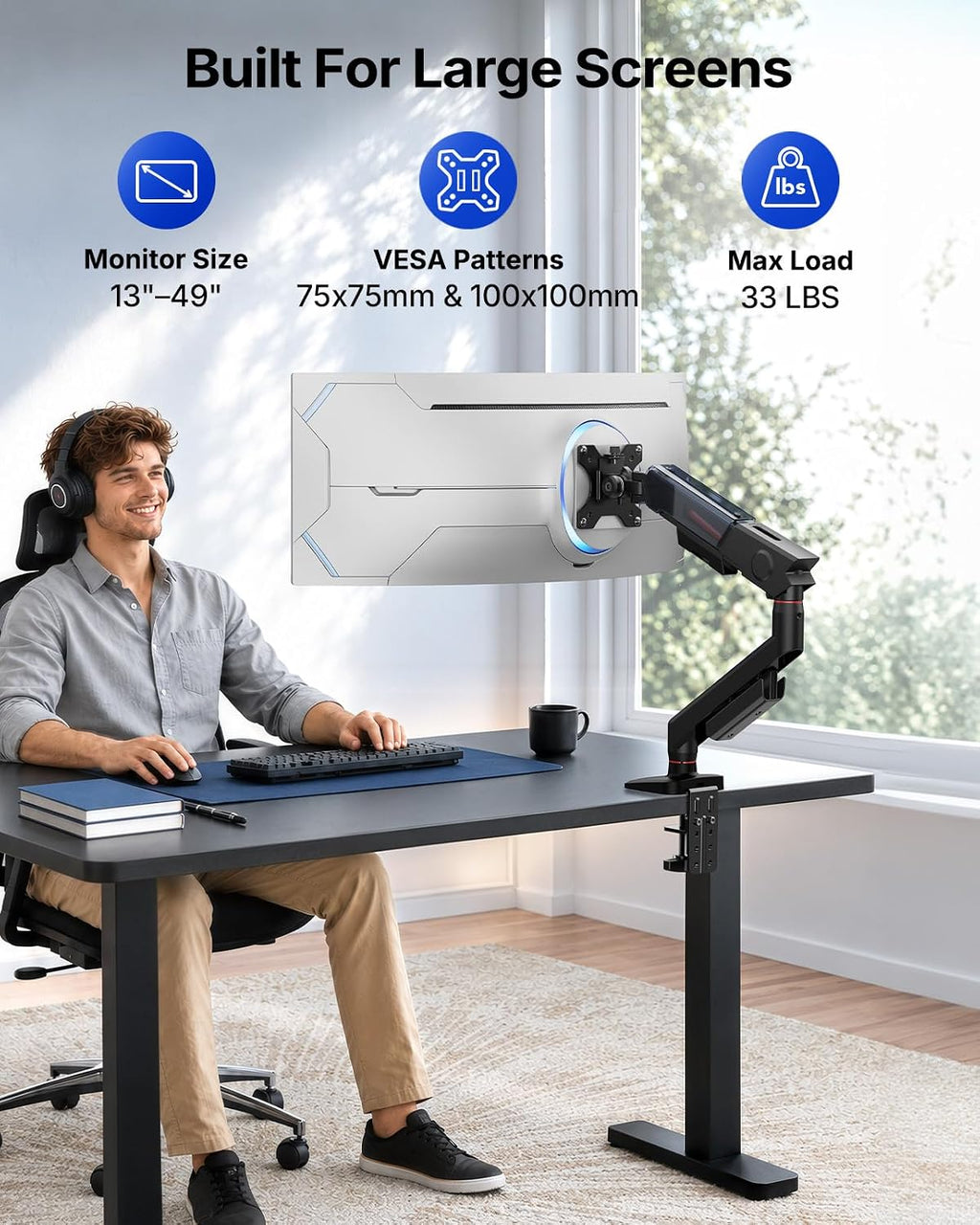 HUANUO Ultrawide Monitor Arm for 13"–49" Screens, Gaming Monitor Mount