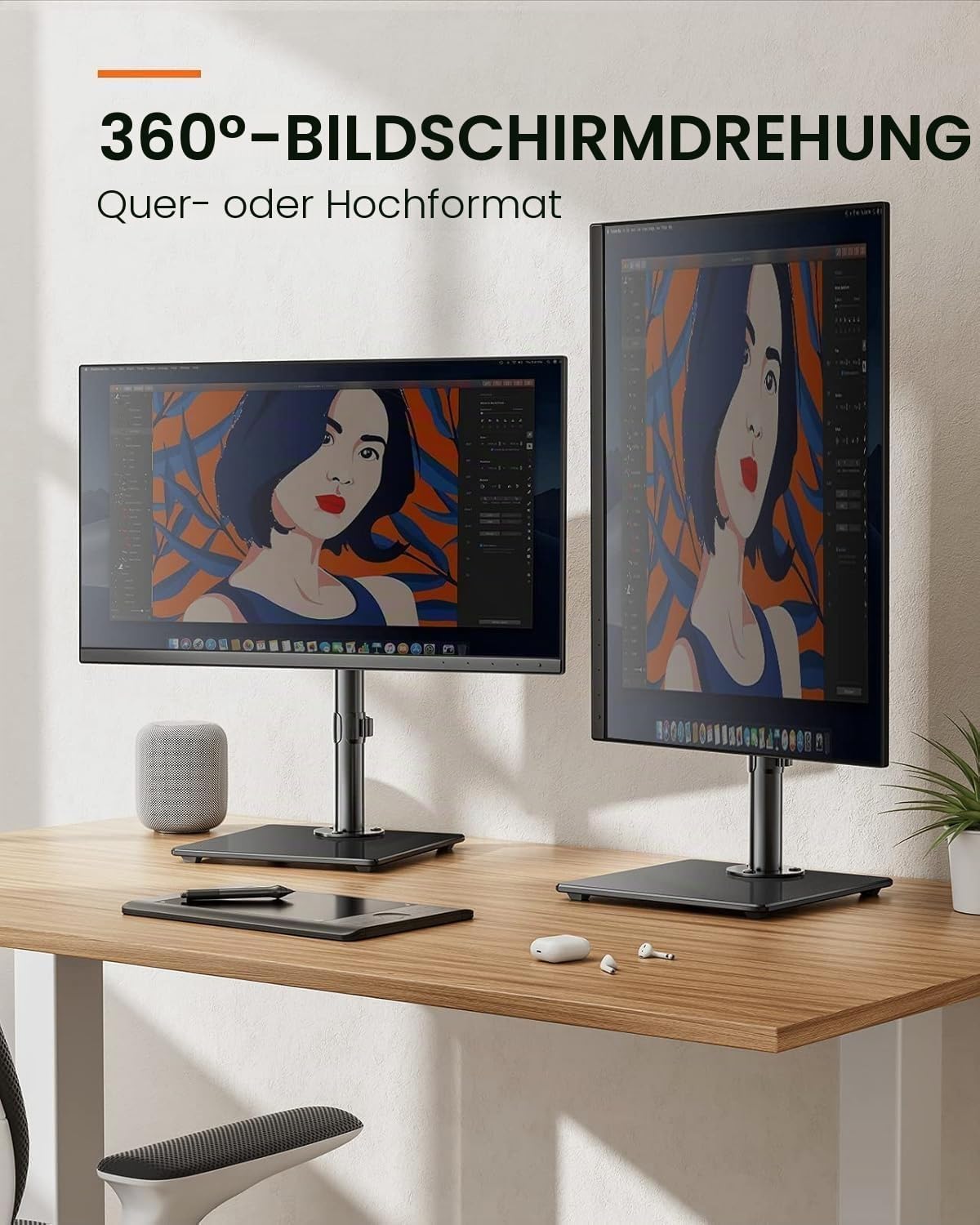 ErGear Monitor Halterung für 13-32 Zoll Plat/Curved Bildschirm, monitor ständer mount mit Gehärteter Glassockel, Monitorständer Höhenverstellbar mit Neigung ±45° Schwenken ±45° Drehen 360° VESA 75/100