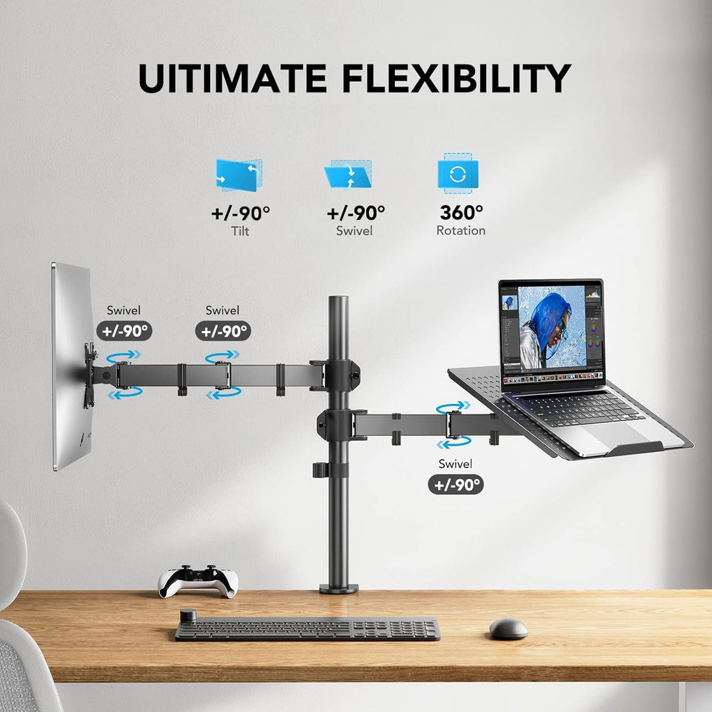 HUANUO Monitor Arm with Laptop Tray for 13 to 32 Inch Screen & 17 Inch Notebook, Monitor and Laptop Stand, Monitor Arm Desk Mount Fits VESA 75/100 Gaming