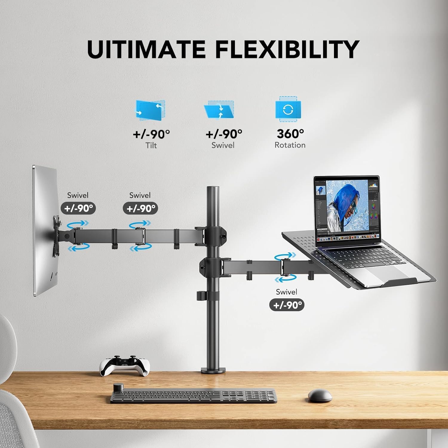 HUANUO Monitor Arm with Laptop Tray for 13 to 32 Inch Screen & 17 Inch Notebook, Monitor and Laptop Stand, Monitor Arm Desk Mount Fits VESA 75/100 Gaming