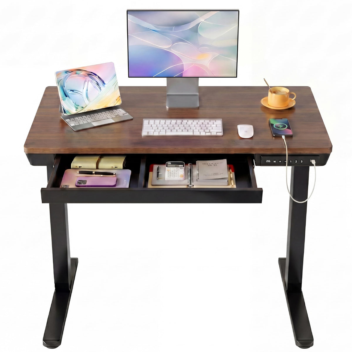 HUANUO 48 X 24 Inch Standing Desk with Drawers, Electric Adjustable Height Desk, Quick Install One-Piece Tabletop with USB Charging Ports, Sit to Stand Up Desk for Home Office, Black Walnut
