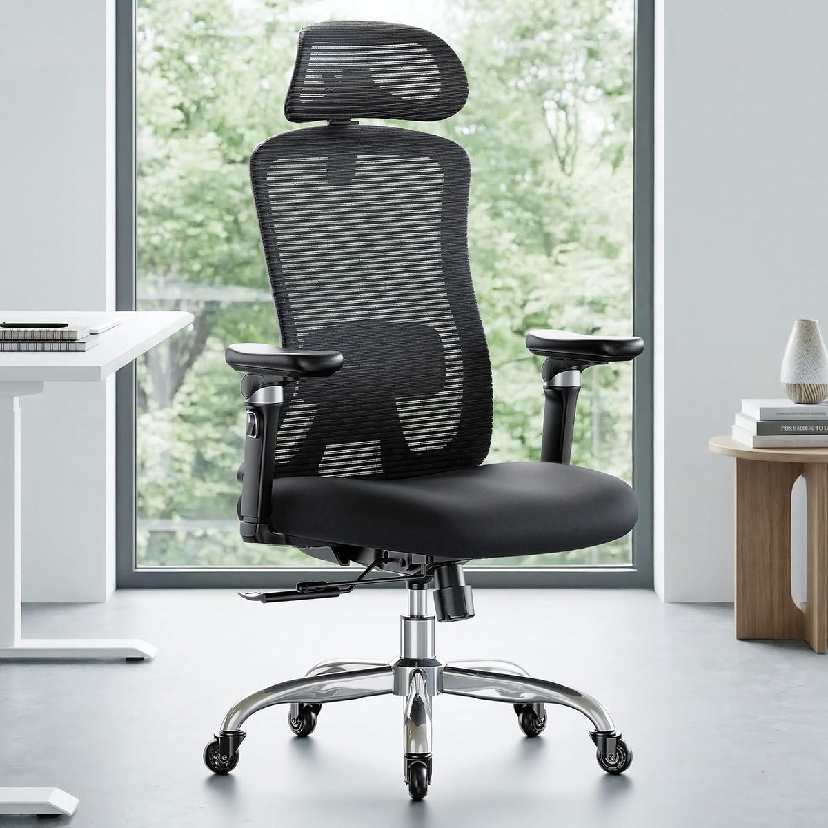 Marsail Ergonomic Desk Chair with 6D Armrests, Adjustable 3D Backrest, Sliding Seat, Lumbar Support and Lock Tilt in 4 Positions – High and Reinforced Chair with Capacity 150 kg, Black