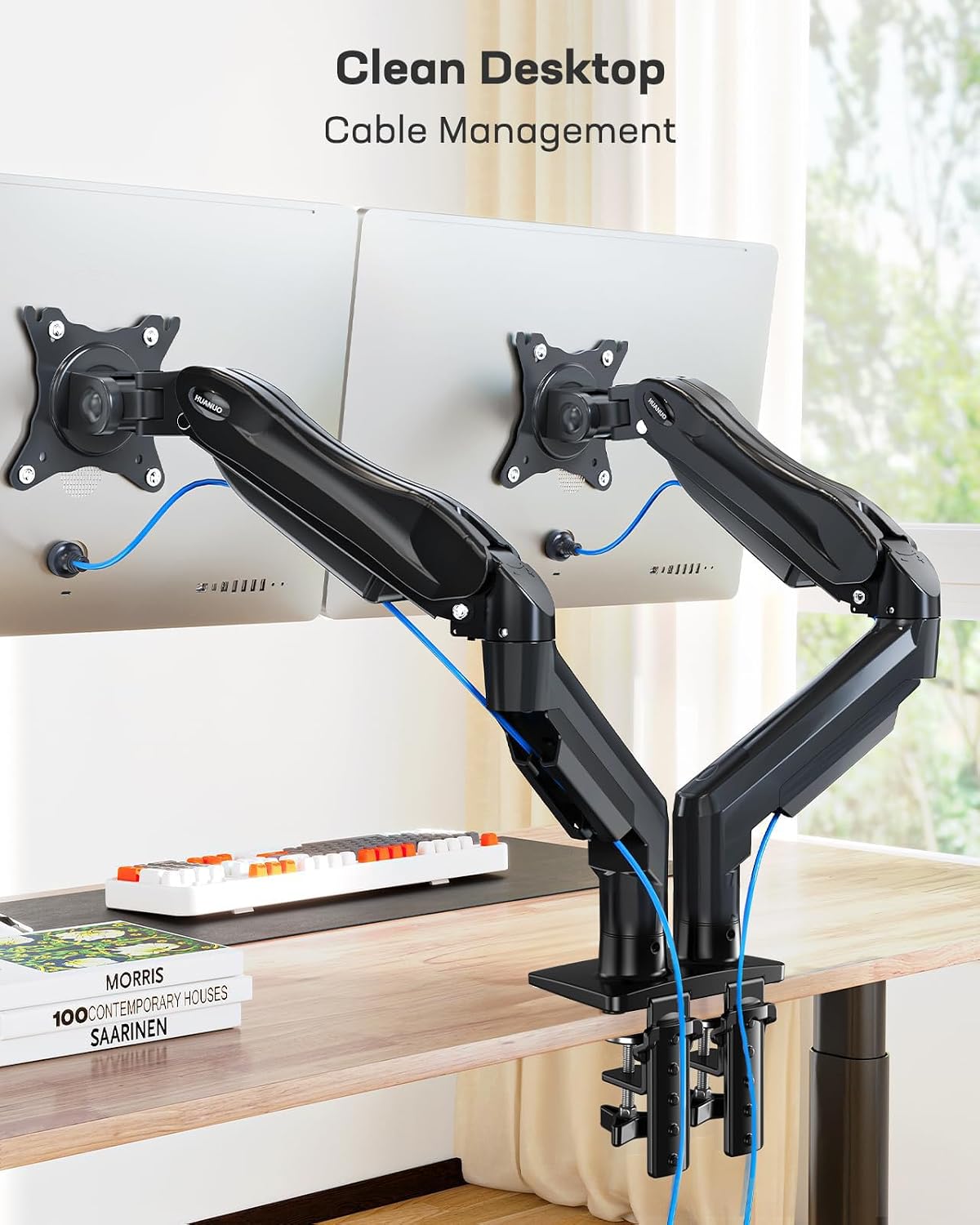 HUANUO Dual Monitor Stand for 13 to 32 Inch Screens, Dual Gaming Monitor Arm Desk Mount for Curved Flat Screens, Double Screen Arm Support VESA 75 & 100 mm