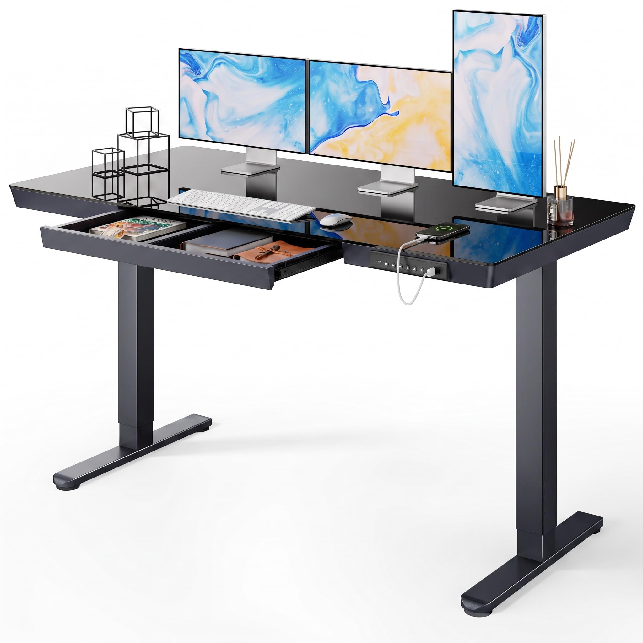 Marsail Glass Standing Desk with Drawer, 48 x 24 inch Electric Standing Desk, Height Adjustable Desk with One-Piece Tabletop & USB Charging Ports, Sit Stand Desk with Storage for Home & Office White