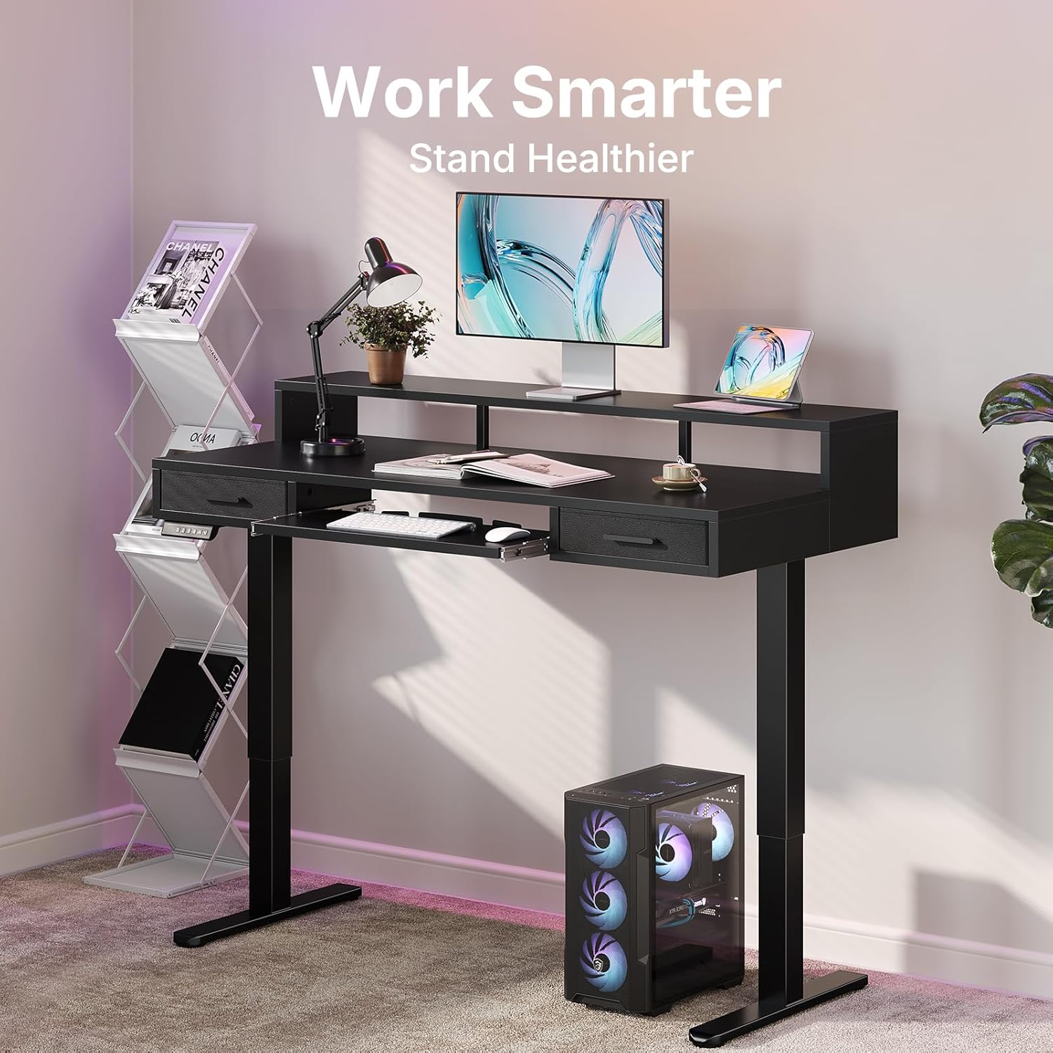 HUANUO 48″ X 26″ Electric Standing Desk with 2 Drawers &24.4″ Large Keyboard Tray, C-Clamp Mount Compatible, Adjustable Computer Desk for Office, Sit Stand Up Desk with 4 Height Presets, Black