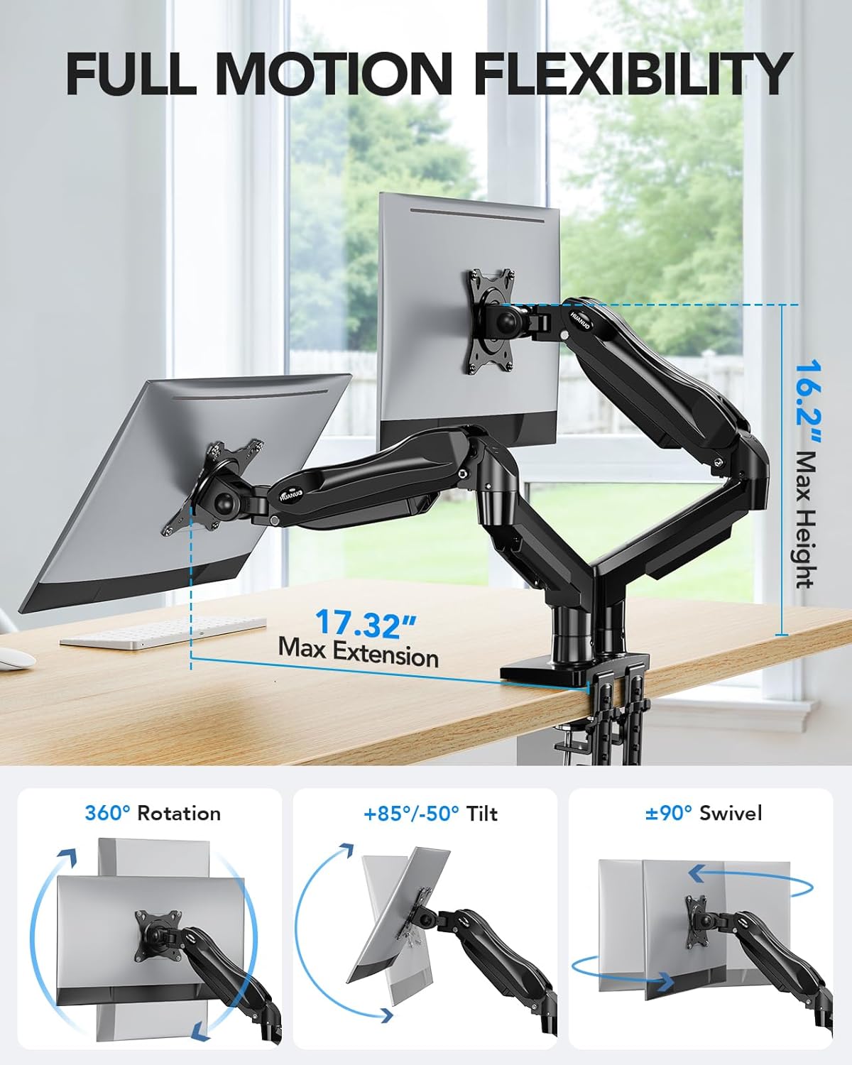 HUANUO Dual Monitor Stand, Fully Adjustable Gaming Monitor Desk Mount for 13–27″ Computer Screens, Full Motion VESA 75x75/100x100 with C-Clamp & Grommet Base, Each Arm Holds 4.4 to 19.8 lbs