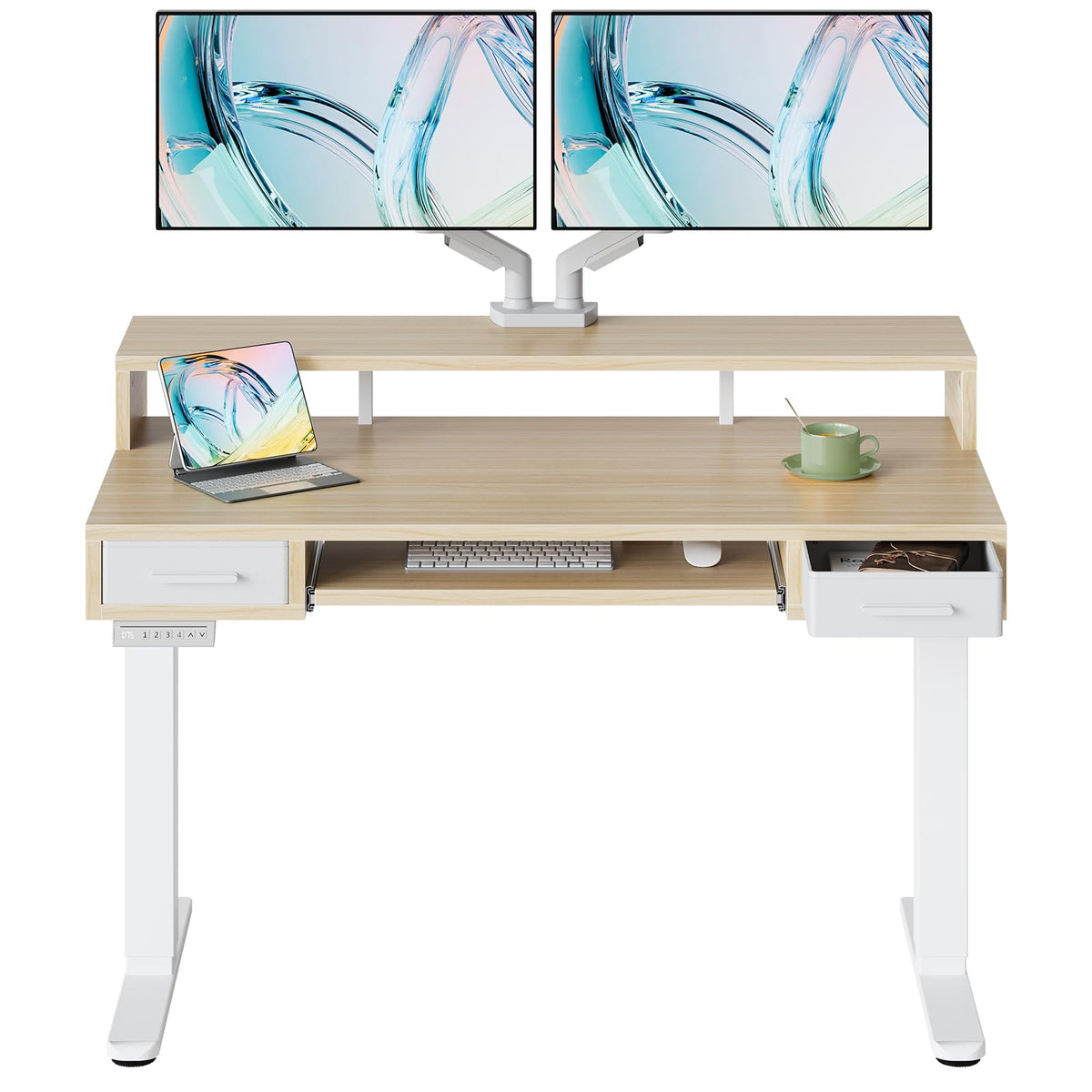 HUANUO 48″ X 26″ Electric Standing Desk with 2 Drawers &24.4″ Large Keyboard Tray, C-Clamp Mount Compatible, Adjustable Computer Desk for Office, Sit Stand Up Desk with 4 Height Presets, Black