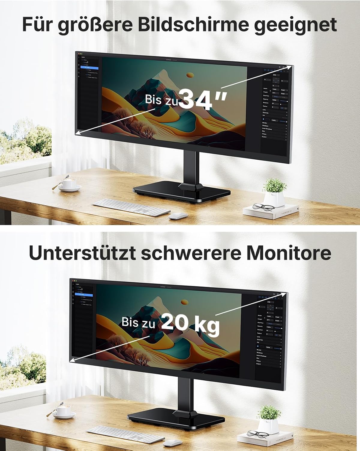 HUANUO Monitor Ständer, Freistehende Monitorständer Höhenverstellbar 13 bis 34 Zoll, bis zu 20kg Kapazität, 5 Höhenoptionen, Drehbarer Bildschirm Ständer 360° Schwenkung, VESA 75x75mm/100x100mm Gaming
