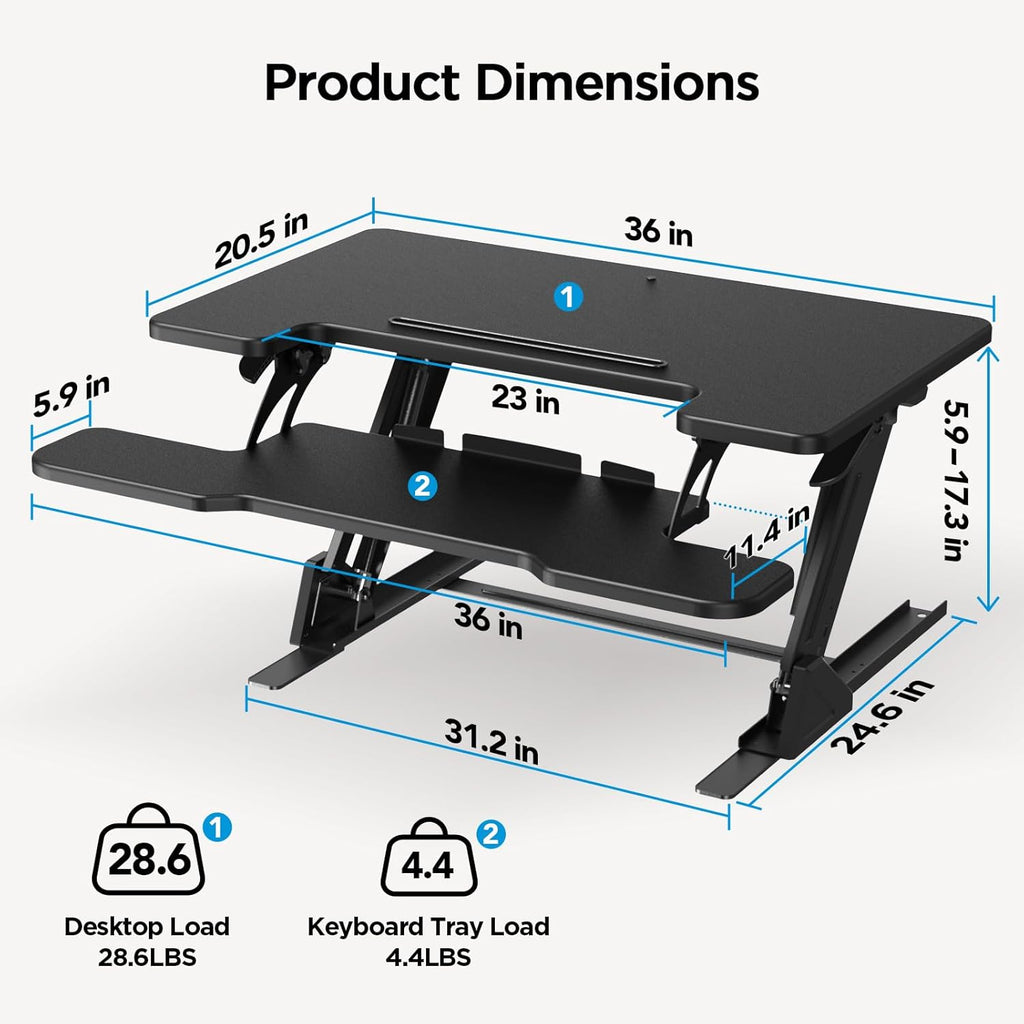 HUANUO 36" Z-Shaped Standing Desk Converter with Wide Keyboard Tray, Black | Dual Monitor Fit, Height Adjustable Sit Stand Up Desk Riser, Dual Gas Lift, Stable Z-Steel Frame, Unpack, Install Tray & Use