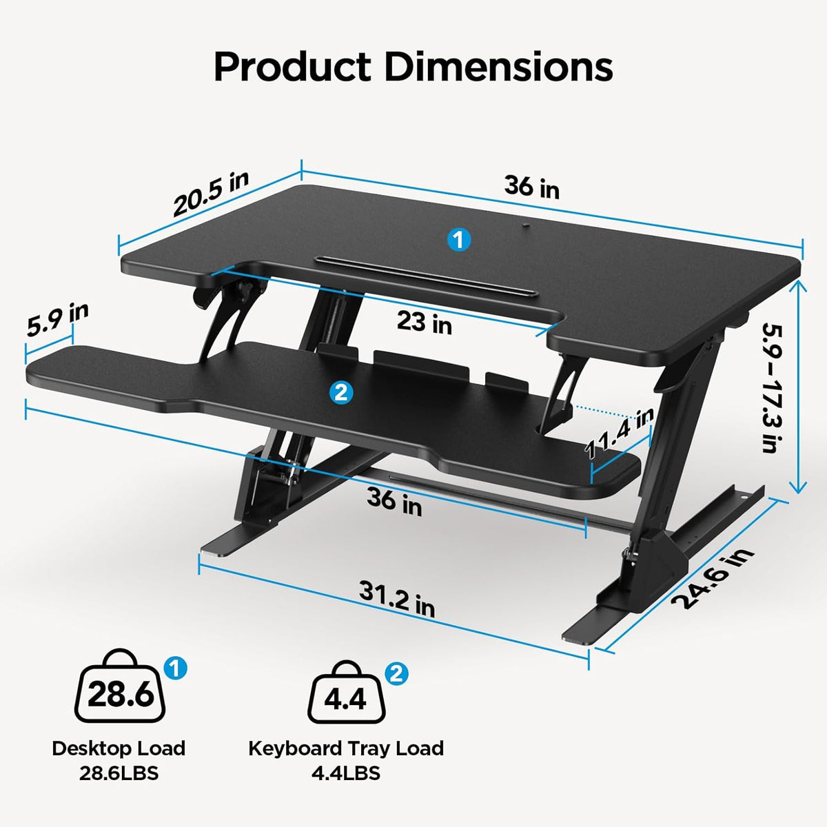 HUANUO 36" Z-Shaped Standing Desk Converter with Wide Keyboard Tray, Black | Dual Monitor Fit, Height Adjustable Sit Stand Up Desk Riser, Dual Gas Lift, Stable Z-Steel Frame, Unpack, Install Tray & Use
