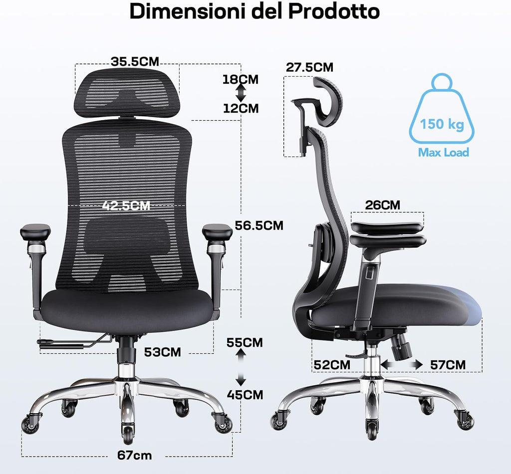 Marsail Ergonomic Desk Chair with 6D Armrests, Adjustable 3D Backrest, Sliding Seat, Lumbar Support and Lock Tilt in 4 Positions – High and Reinforced Chair with Capacity 150 kg, Black